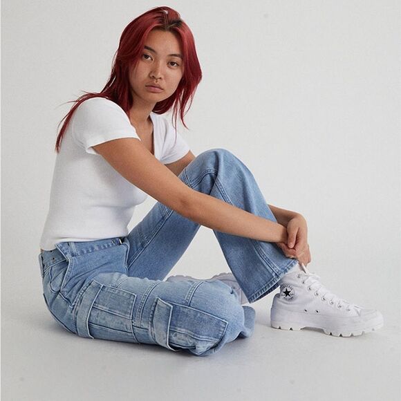 PacSun Light Blue Low Rise Cargo Flare Jeans Size 28 | 6 Y2K Grommet Pac Sun - Picture 10 of 15